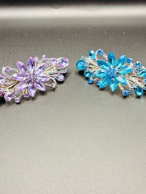 Vtg Style Hair Clips Paris Rhinestone Flower Barrette Lot, Purple & Blue Crystal